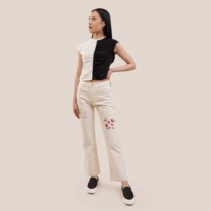 Paloma Wool Women's Jack Pants Cream Organic Doodle Straight Leg‎ Jeans- Size 4